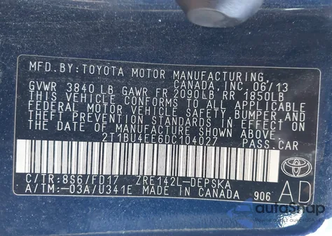 2013 Toyota Corolla S/Le z USA, uszkodzony, nr VIN 2T1BU4EE6DC104027